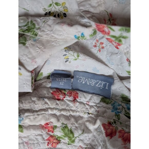 Liz&Me Floral Embroidered Button-Up Shirt 2X Cotton Blend Short Sleeve Pastel Co - Picture 5 of 7